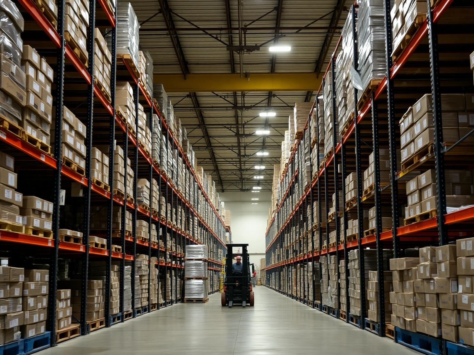 Warehouse racking and packed cartons at the Ray Products facility