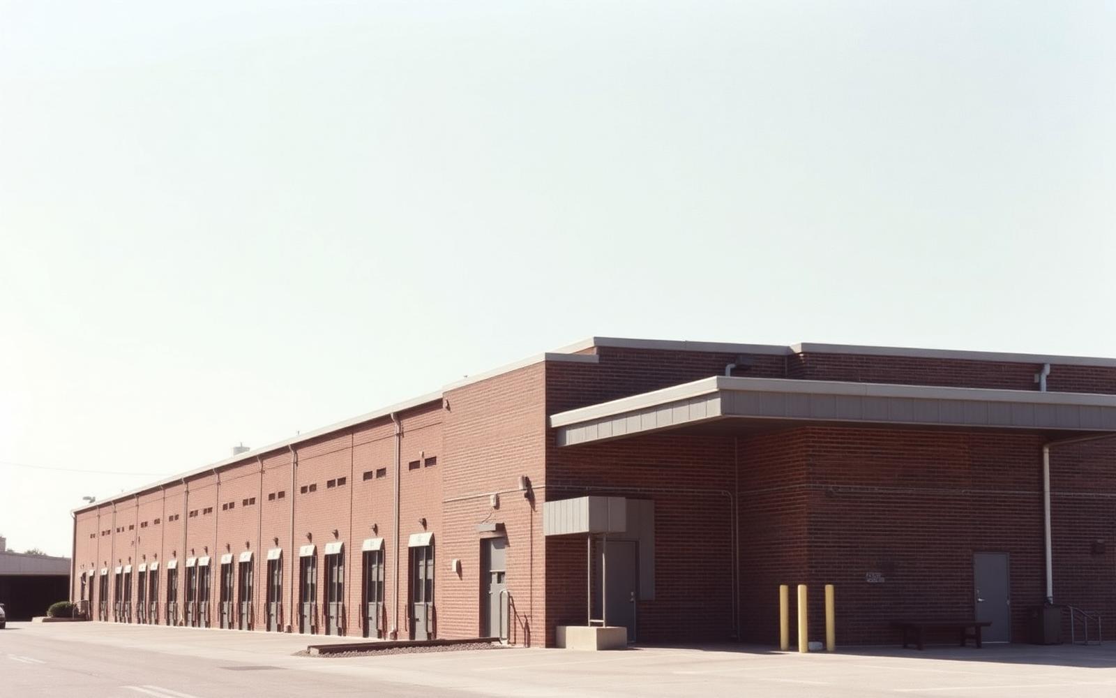 Long brick manufacturing building with loading docks