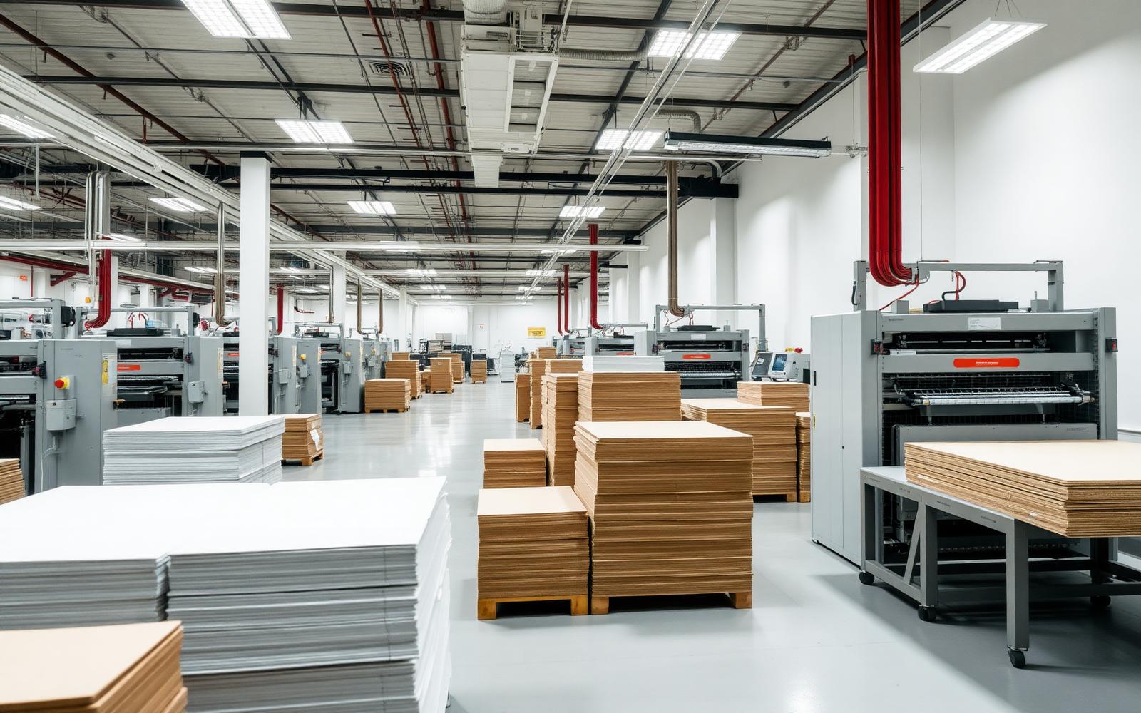 Paperboard production floor with board stacks and box-making machinery